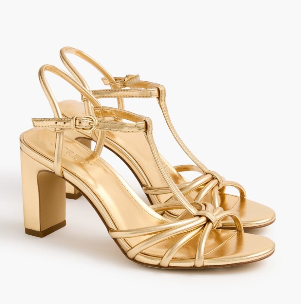 J. Crew T-Strap Block Heel Sandals Sunkissed Gold Open Toe Metallic Women's Sz 9